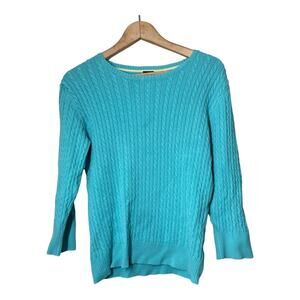 GAP Aqua Blue Cable Knit Sweater Crewneck 3/4 Sleeve Sz Large
